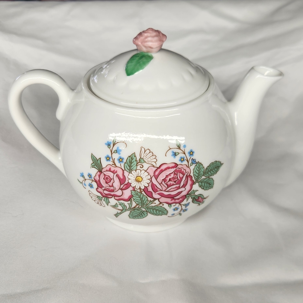 Hallmark White Teapot with Pink and Green Floral Design